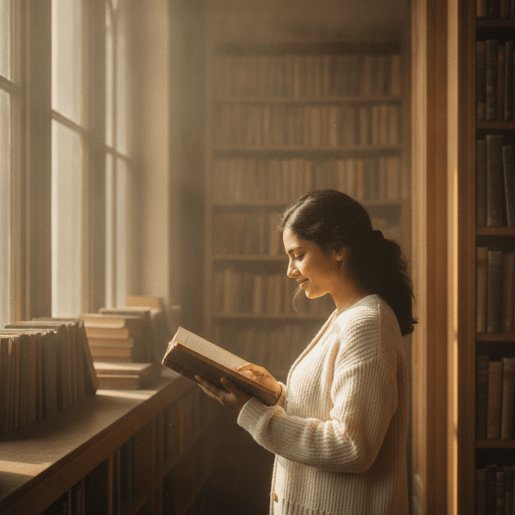 Sunlit Library Portrait Prompt sample image made with AI