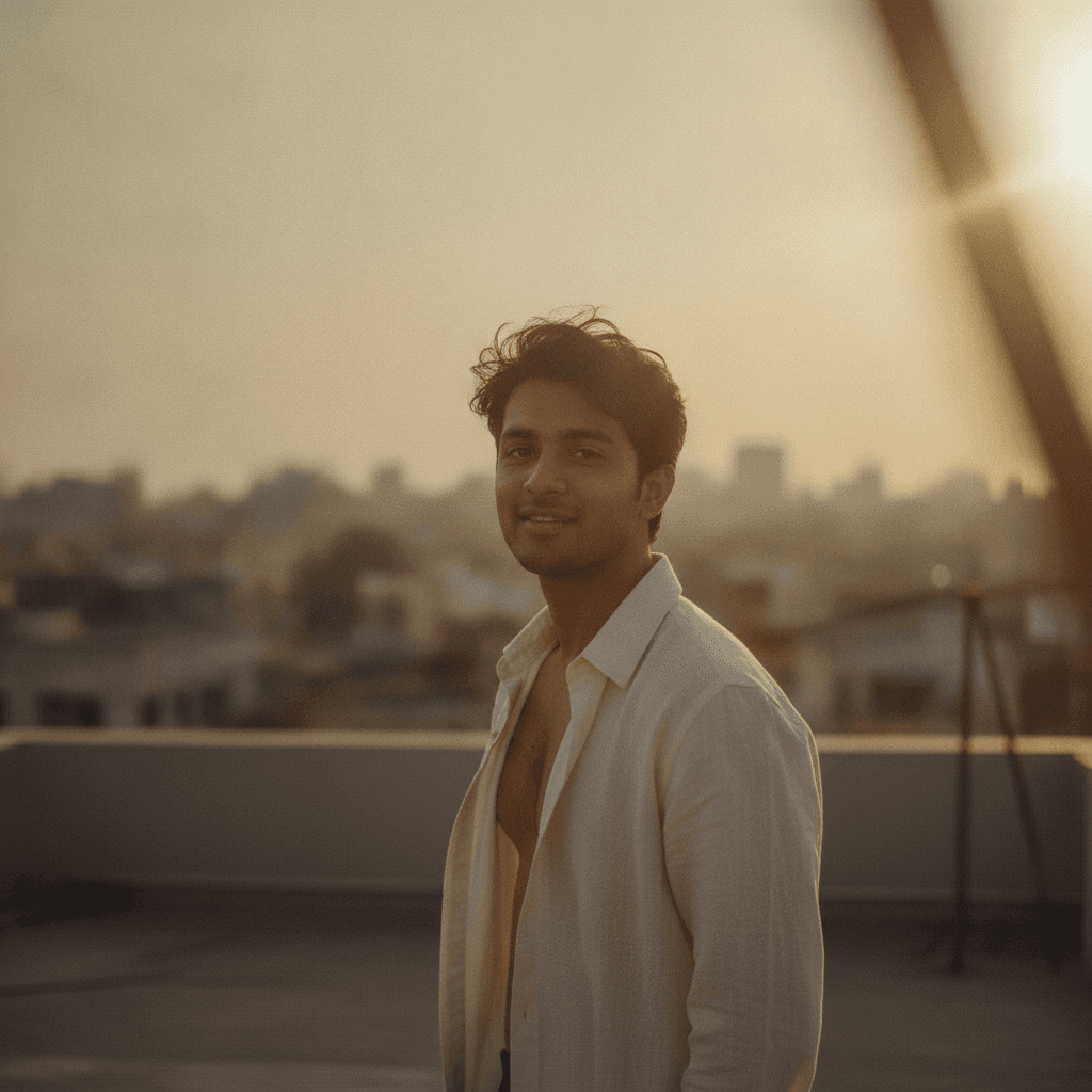 Golden Hour Terrace Portrait Prompt sample image made with AI